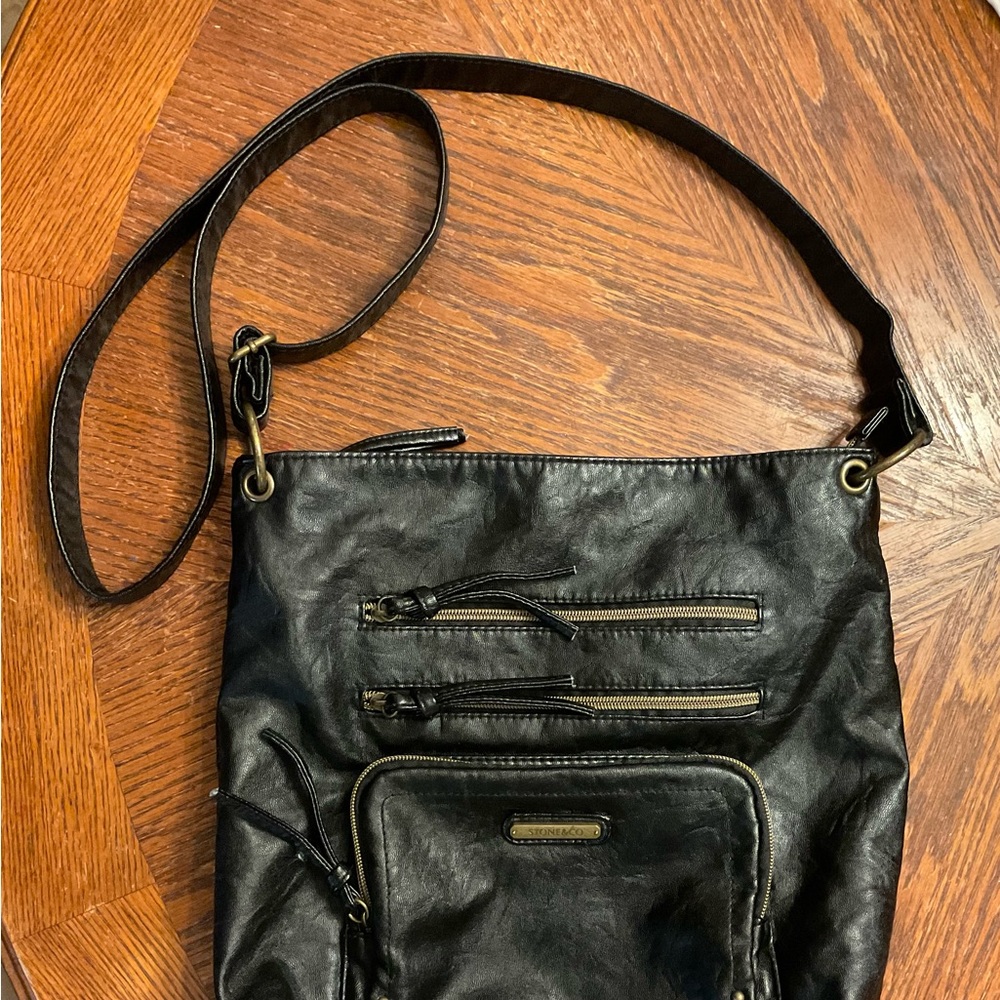 Stone & Company Gold Hardware Durable Leather Look Multi Zipper Crossbody Bag! - Picture 2 of 16